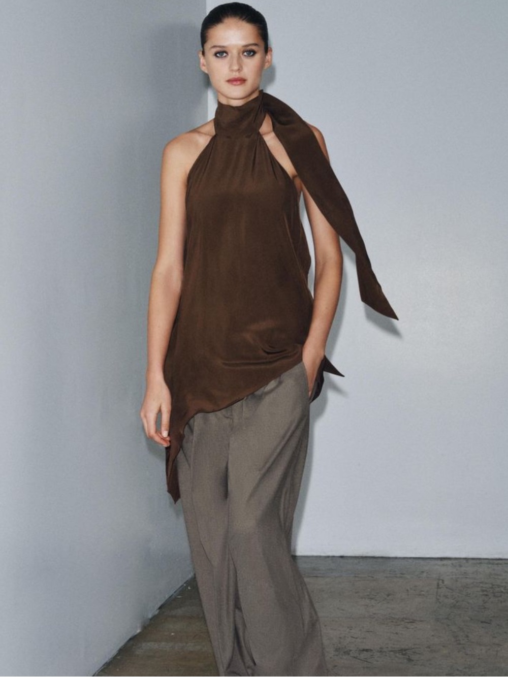 Zara Brown Halter Tie-Neck Satin Blouse